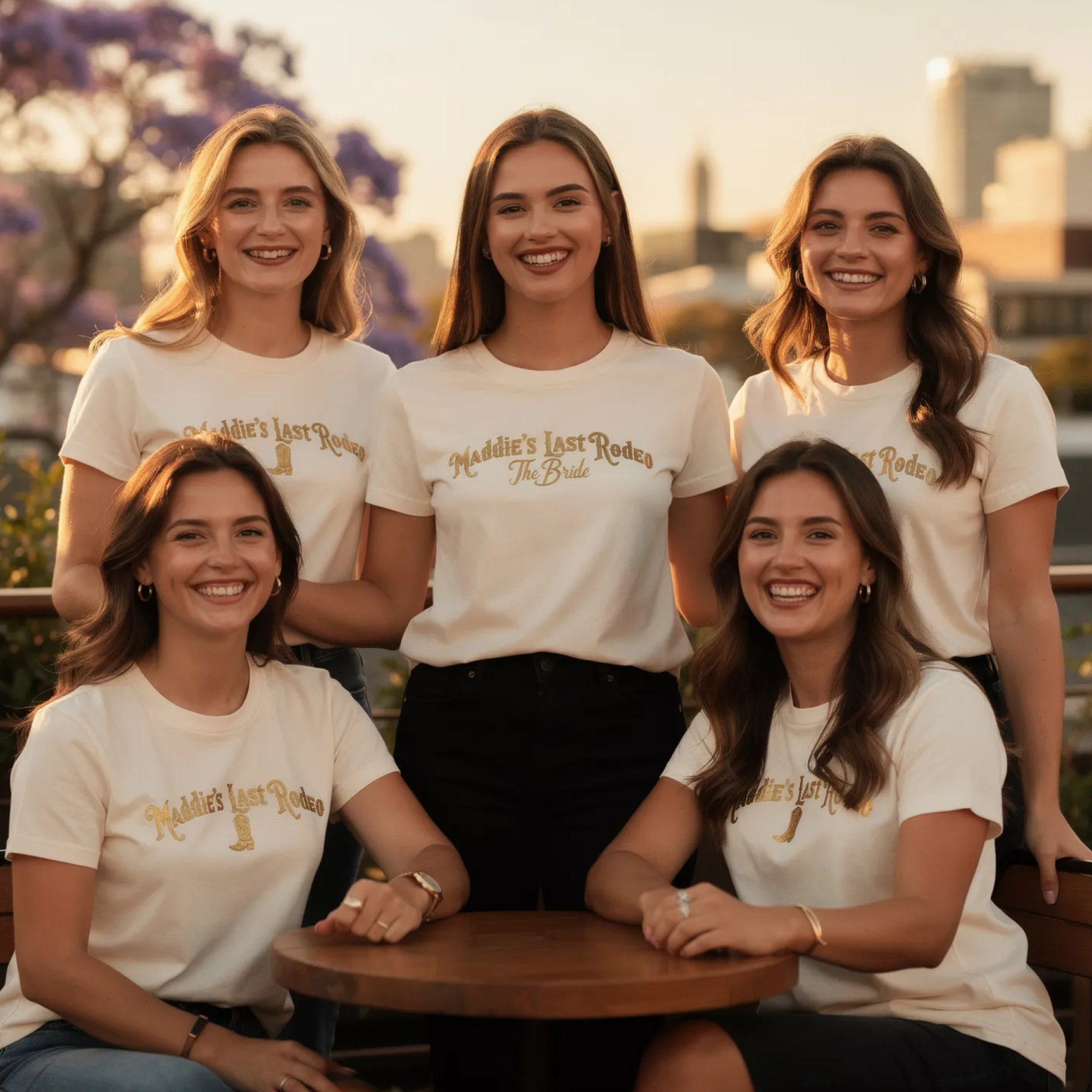 Group of friends wearing matching bachelorette party t-shirts