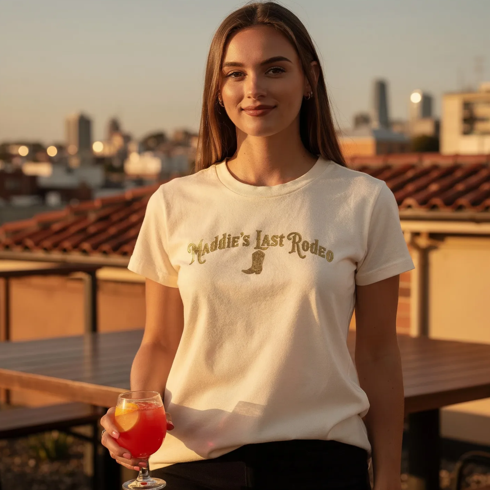 Woman wearing custom bachelorette party t-shirt on rooftop