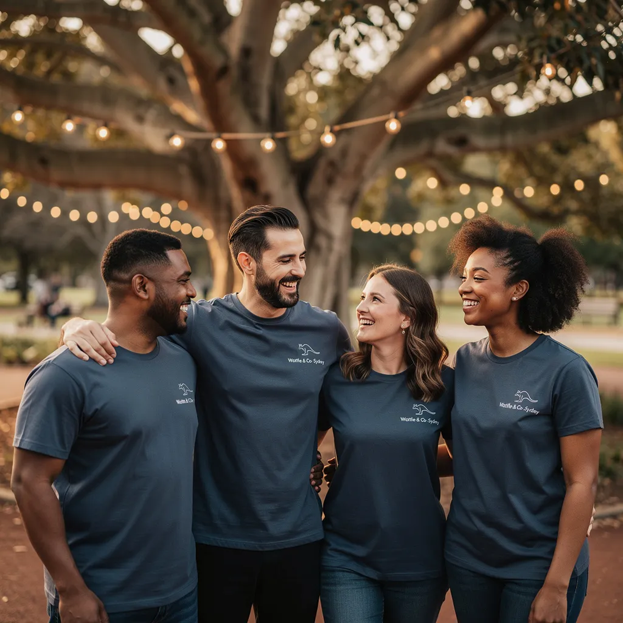 Corporate team wearing matching custom printed t-shirts at team building event