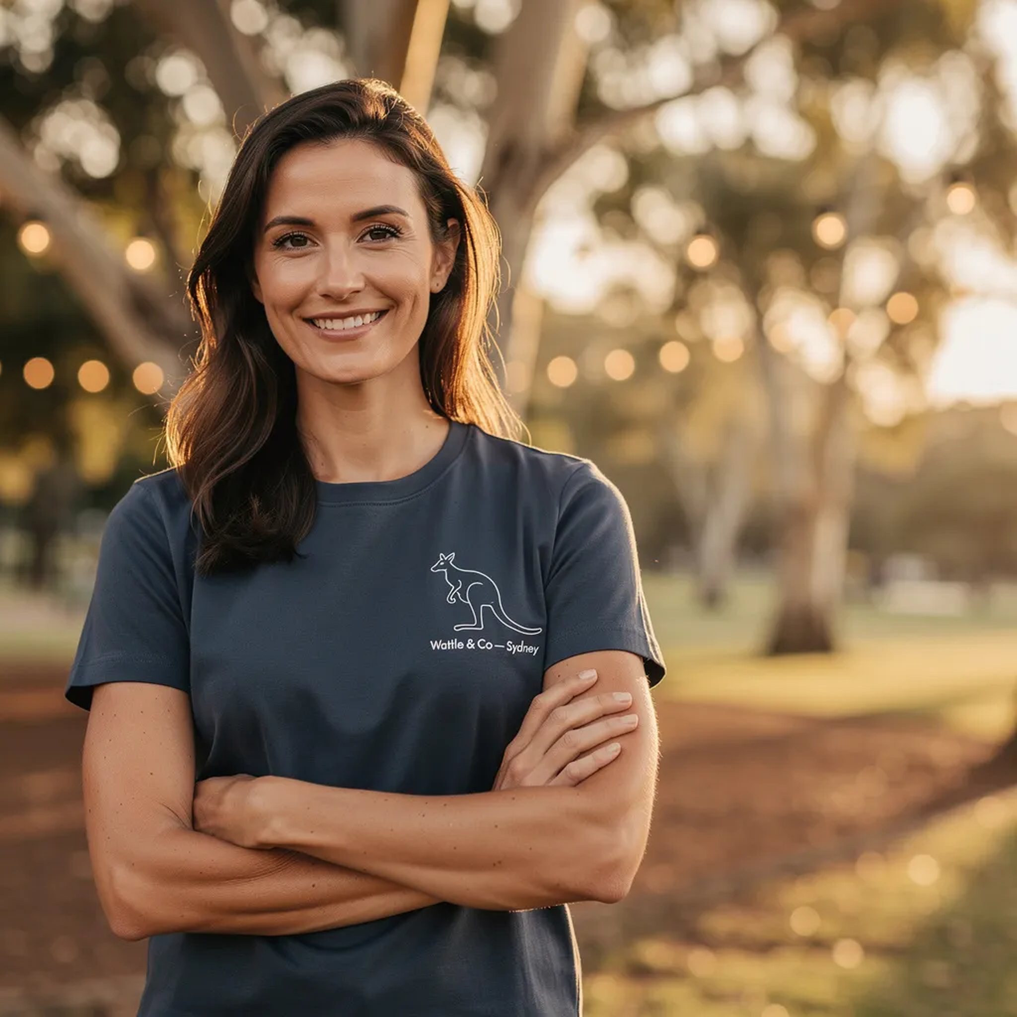 Woman wearing custom printed corporate team t-shirt at outdoor event