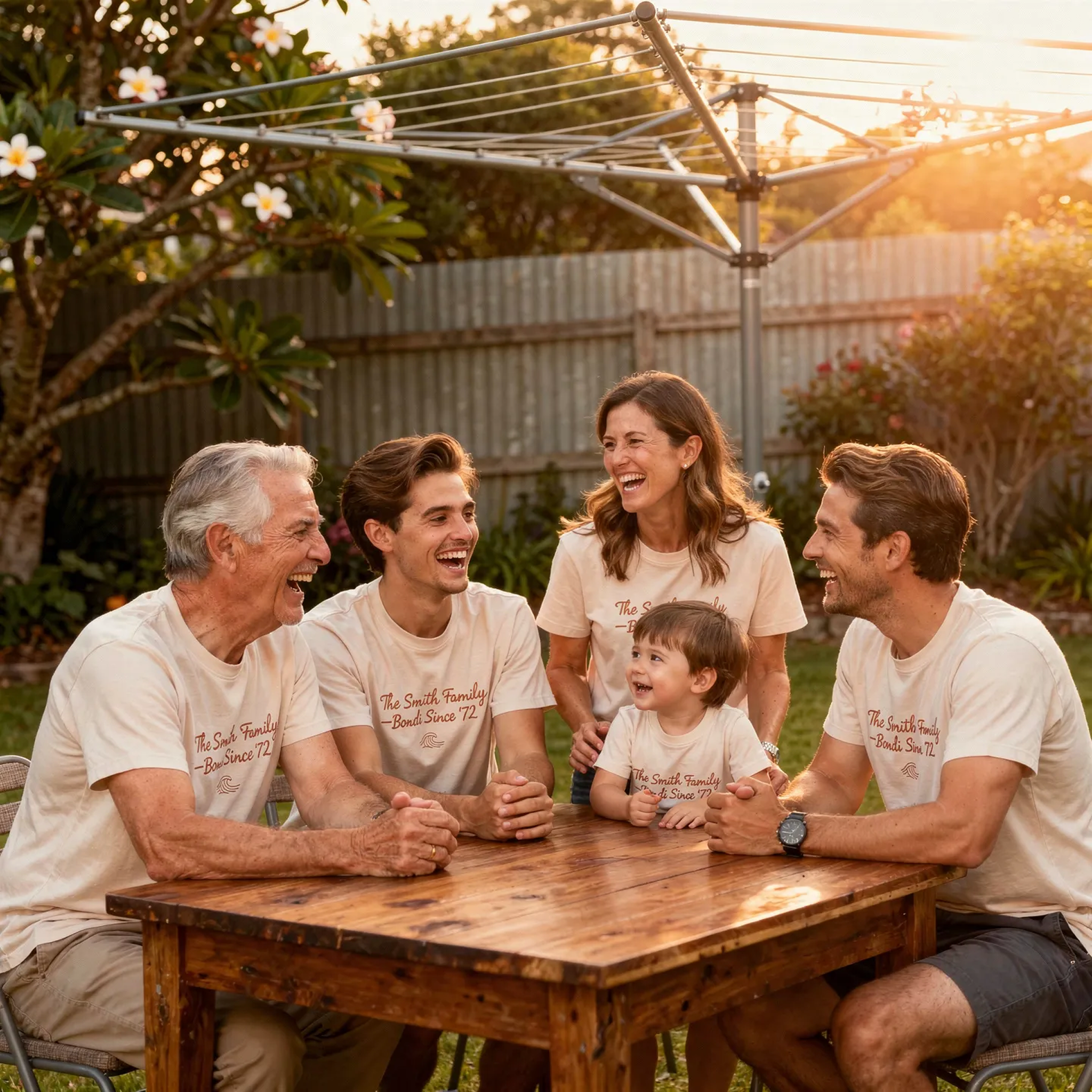 Multi-generational family wearing matching custom reunion t-shirts